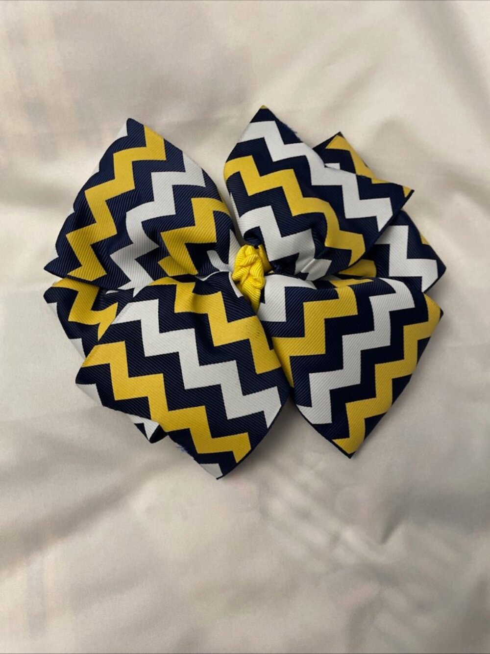 Jumbo 7" Cheer Bow Navy Blue Yellow Gold White Chevron Hair Barrette Clip